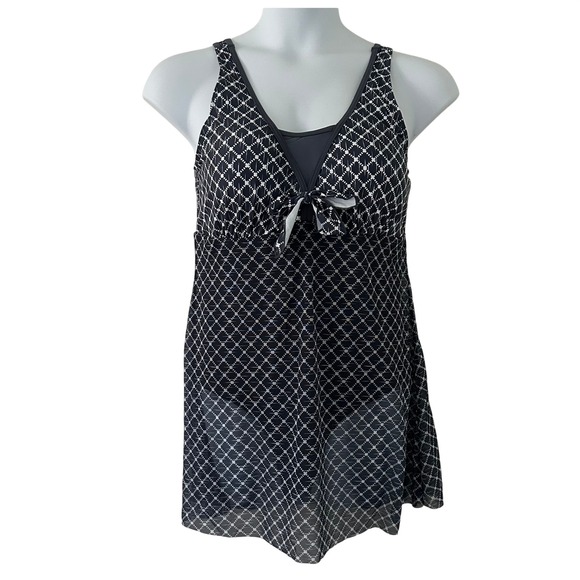 Unbranded Other - Women Navy White One-Piece Geometric Mesh Modest Swimsuit Swim Dress XL NWOT